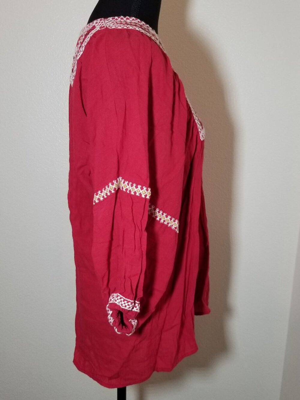 Max Studio Womens Small Red Embroidered Blouse Peasant Boho Hippie Earthy Gypsy - Picture 2 of 9